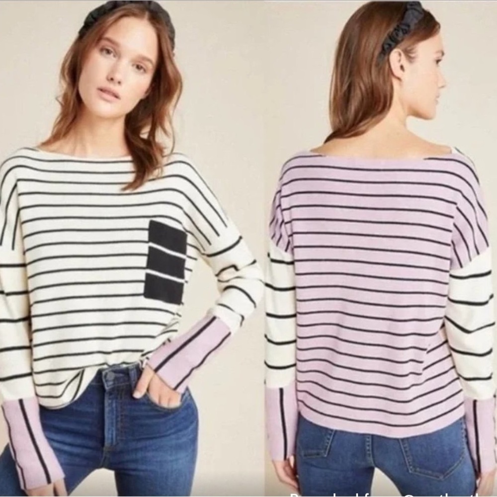 Anthropologie‎ Small Faye Striped Sweater Boat Neck White Purple